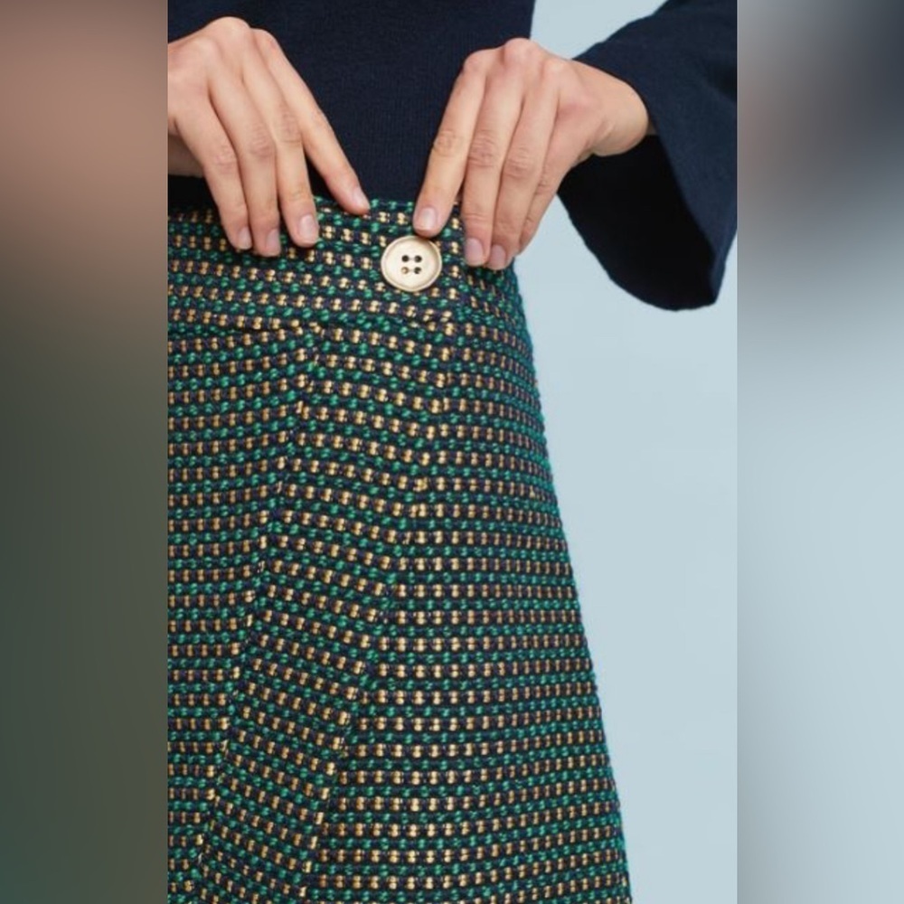 NWT 12 Eva Franco Fern Dot Tweed Faux-Wrap Skirt Green Navy Gold Easy Throw On - Picture 2 of 7